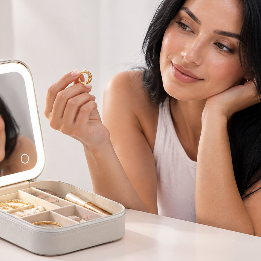 Travel Jewellery Case & Makeup Bag with LED Mirror