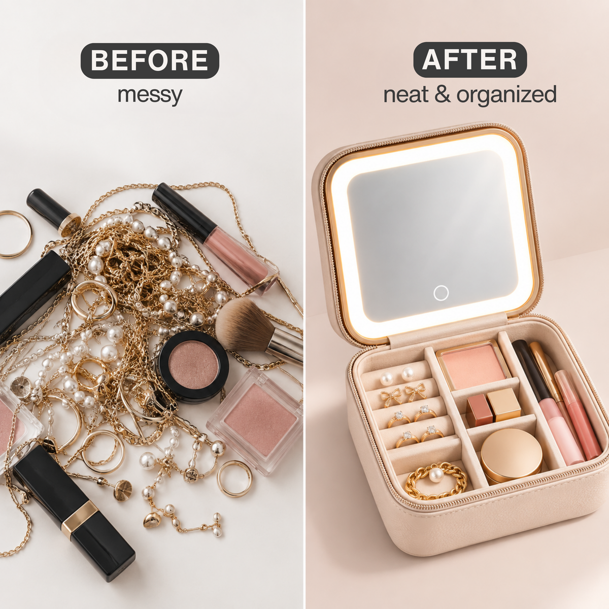 Travel Jewellery Case & Makeup Bag with LED Mirror