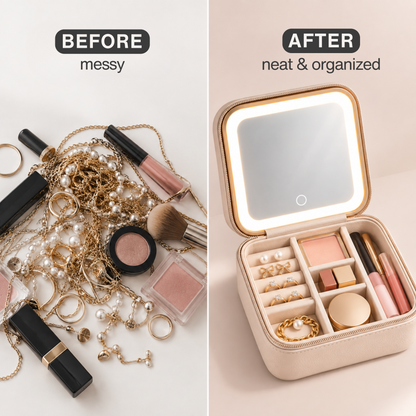 Travel Jewellery Case & Makeup Bag with LED Mirror