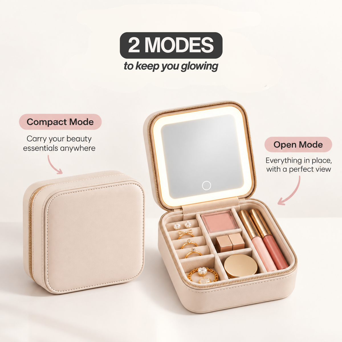 Travel Jewellery Case & Makeup Bag with LED Mirror